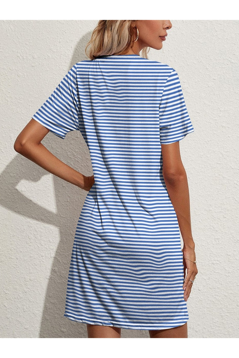 Pocketed Striped Round Neck Short Sleeve Dress