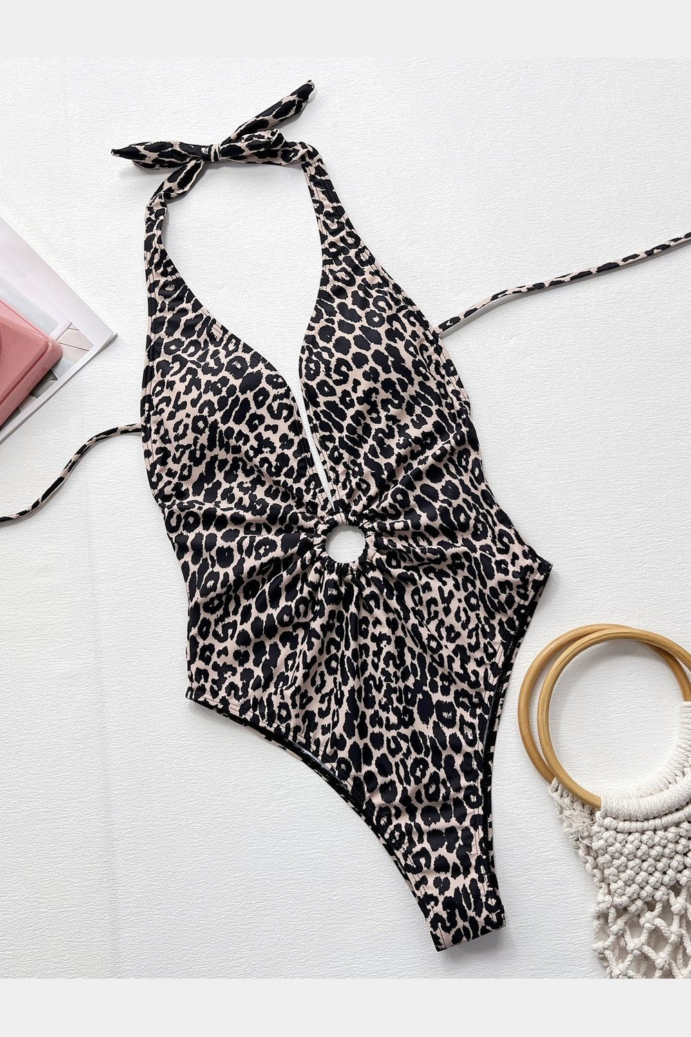 Leopard Halter Neck Ring Detail One-Piece Swimsuit