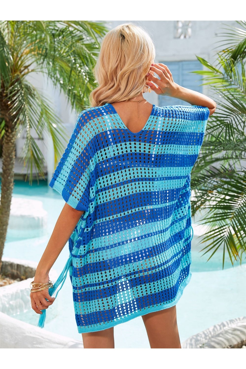 Tassel Openwork Striped V-Neck Cover Up