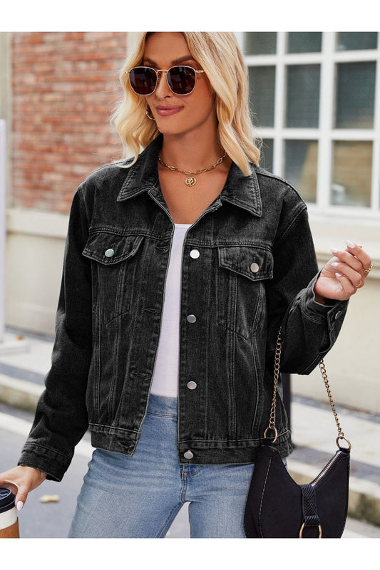 Pocketed Collared Neck Denim Jacket