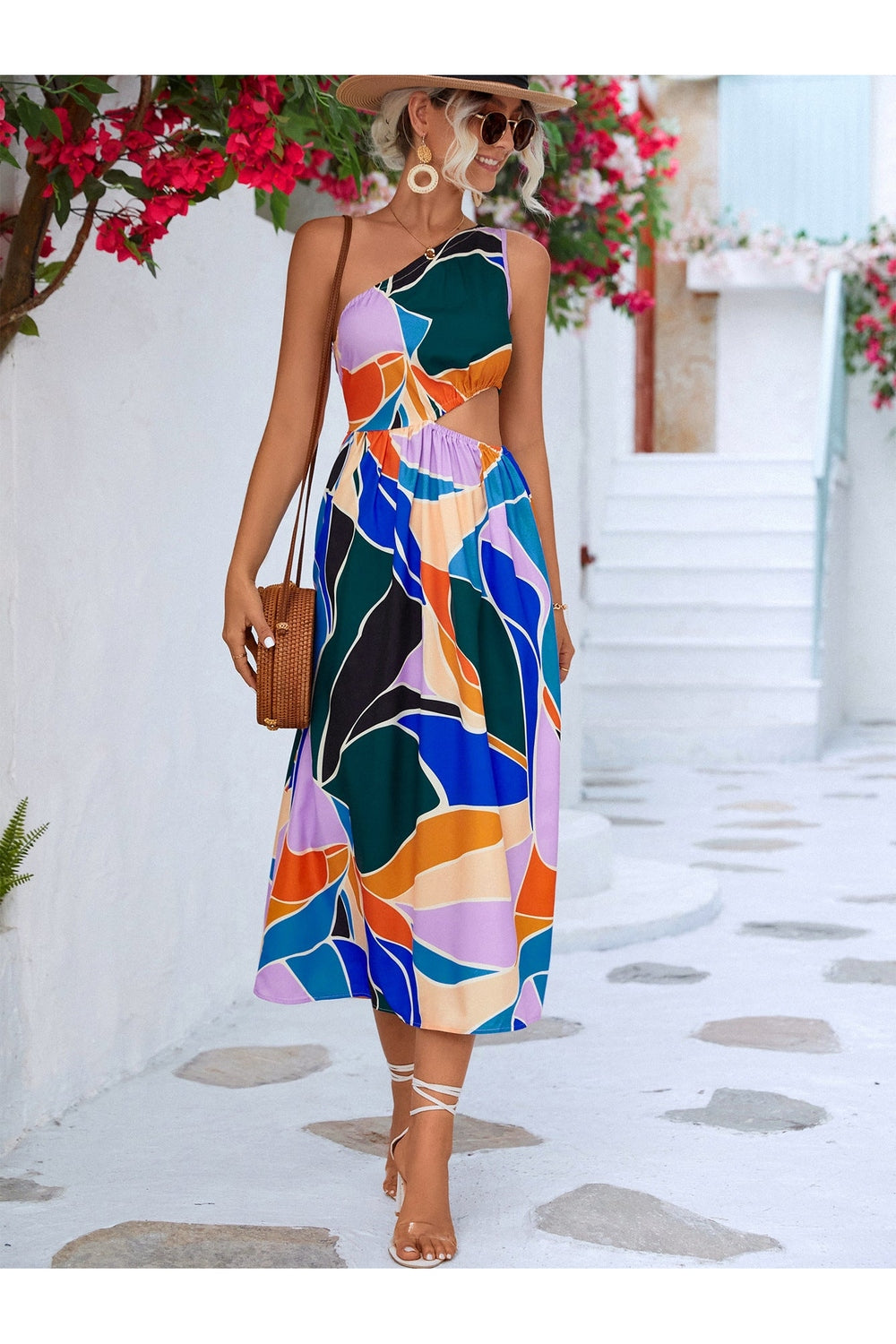 Printed Cutout One-Shoulder Sleeveless Dress