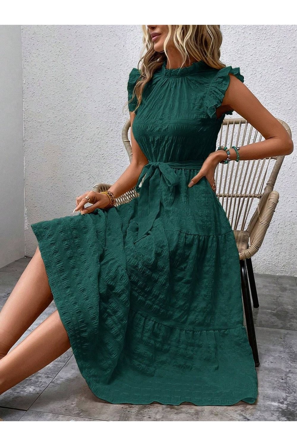 Tied Ruffled Cap Sleeve Midi Dress