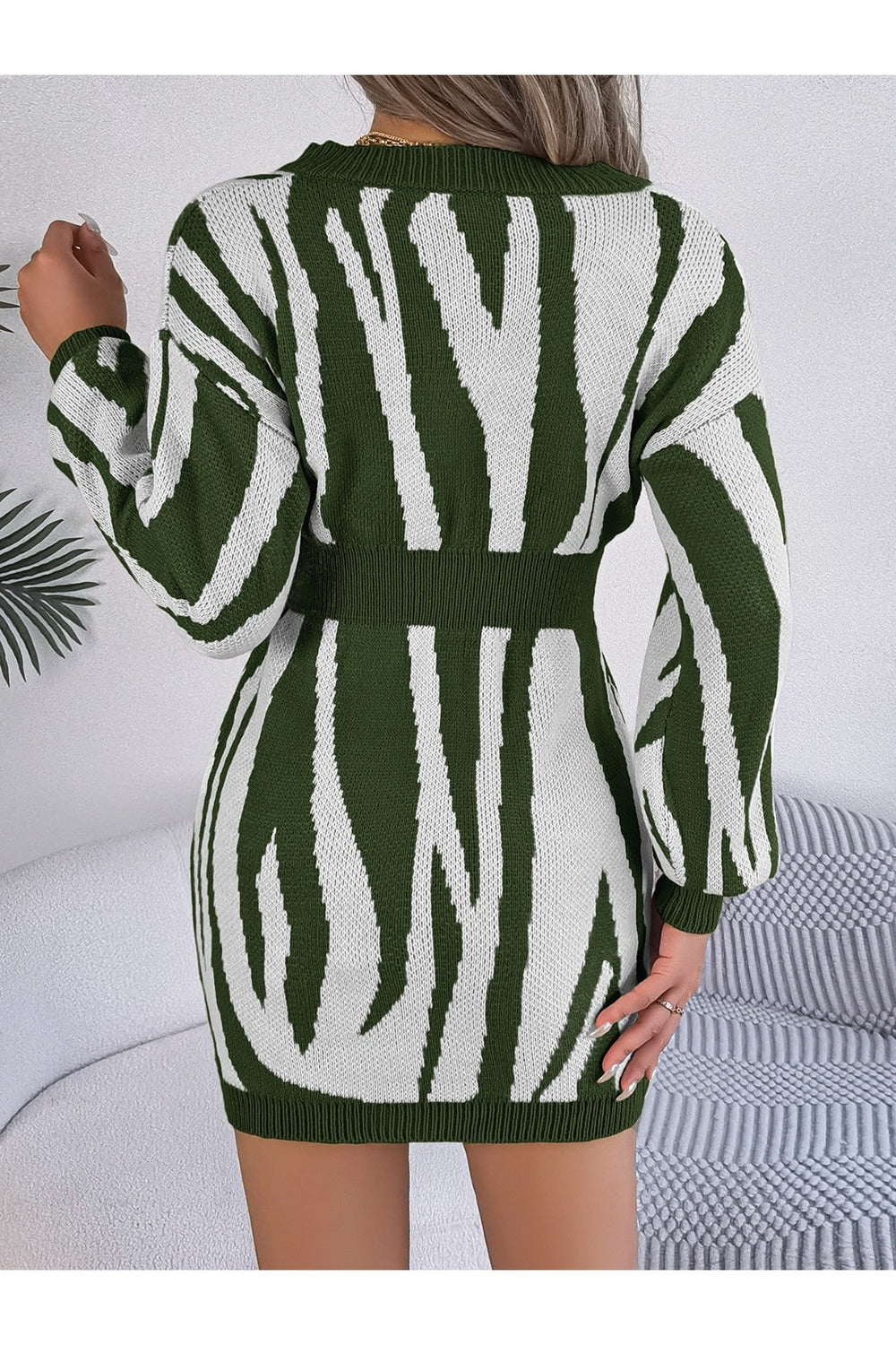 Animal Print V-Neck Long Sleeve Sweater Dress