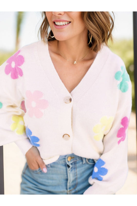 Plus Size Flower Button Up Long Sleeve Cardigan