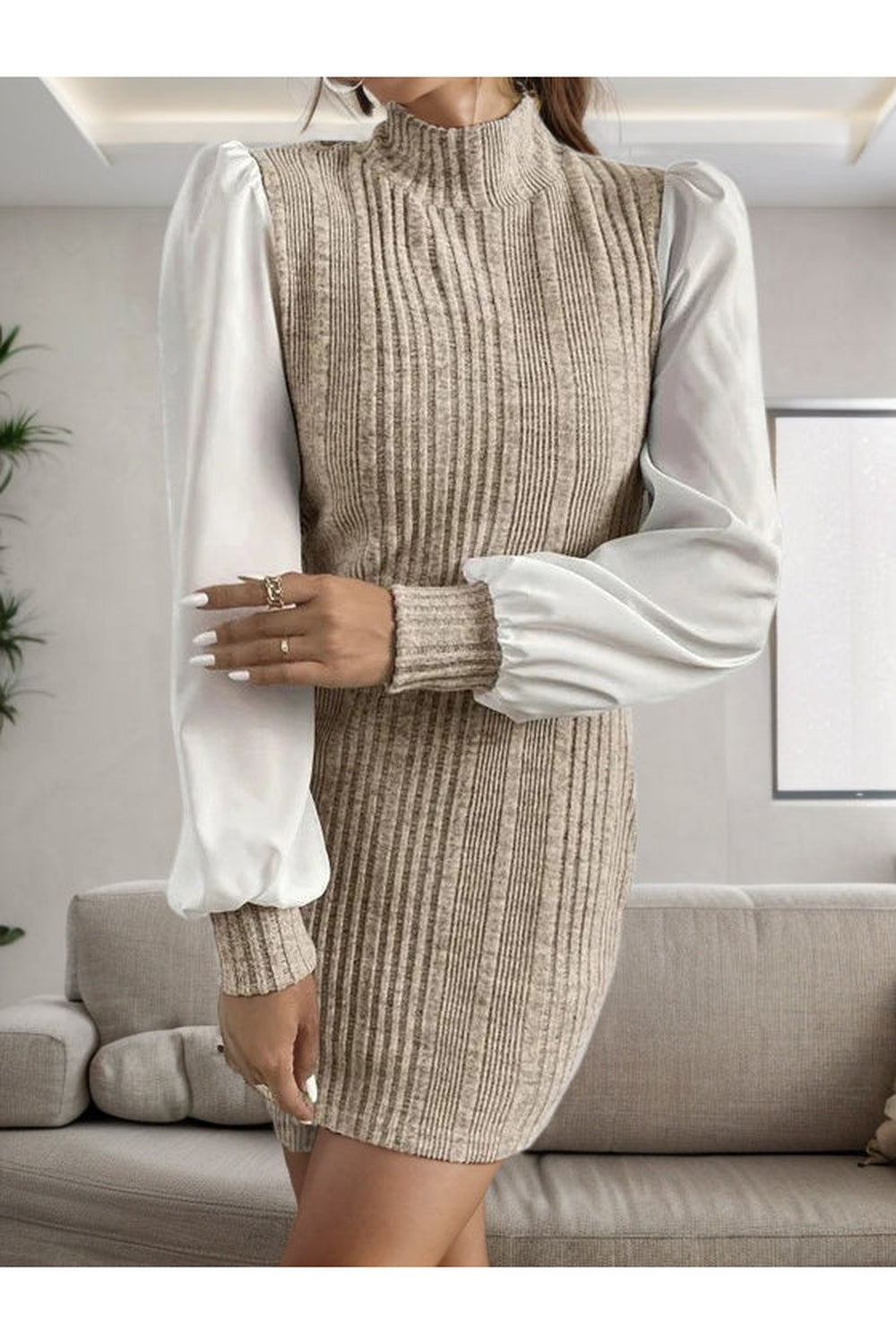 Ribbed Contrast Long Sleeve Sweater Dress