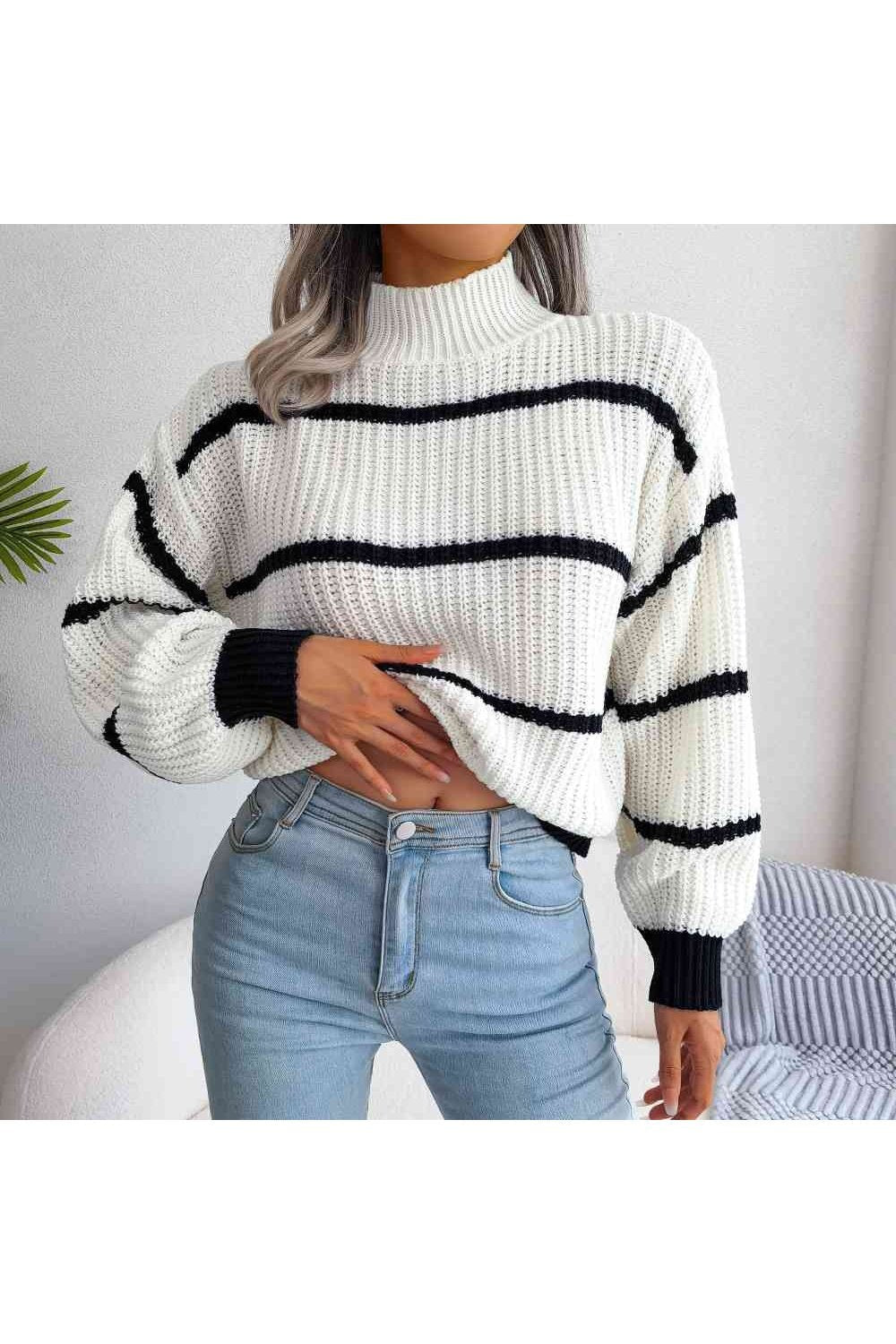 Striped High Neck Rib-Knit Lantern Sleeve Sweater