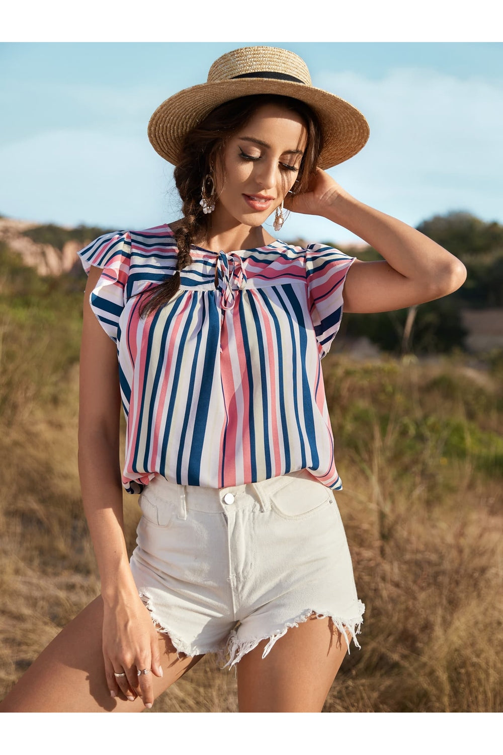 Honey Striped Flutter Sleeve Tied Blouse