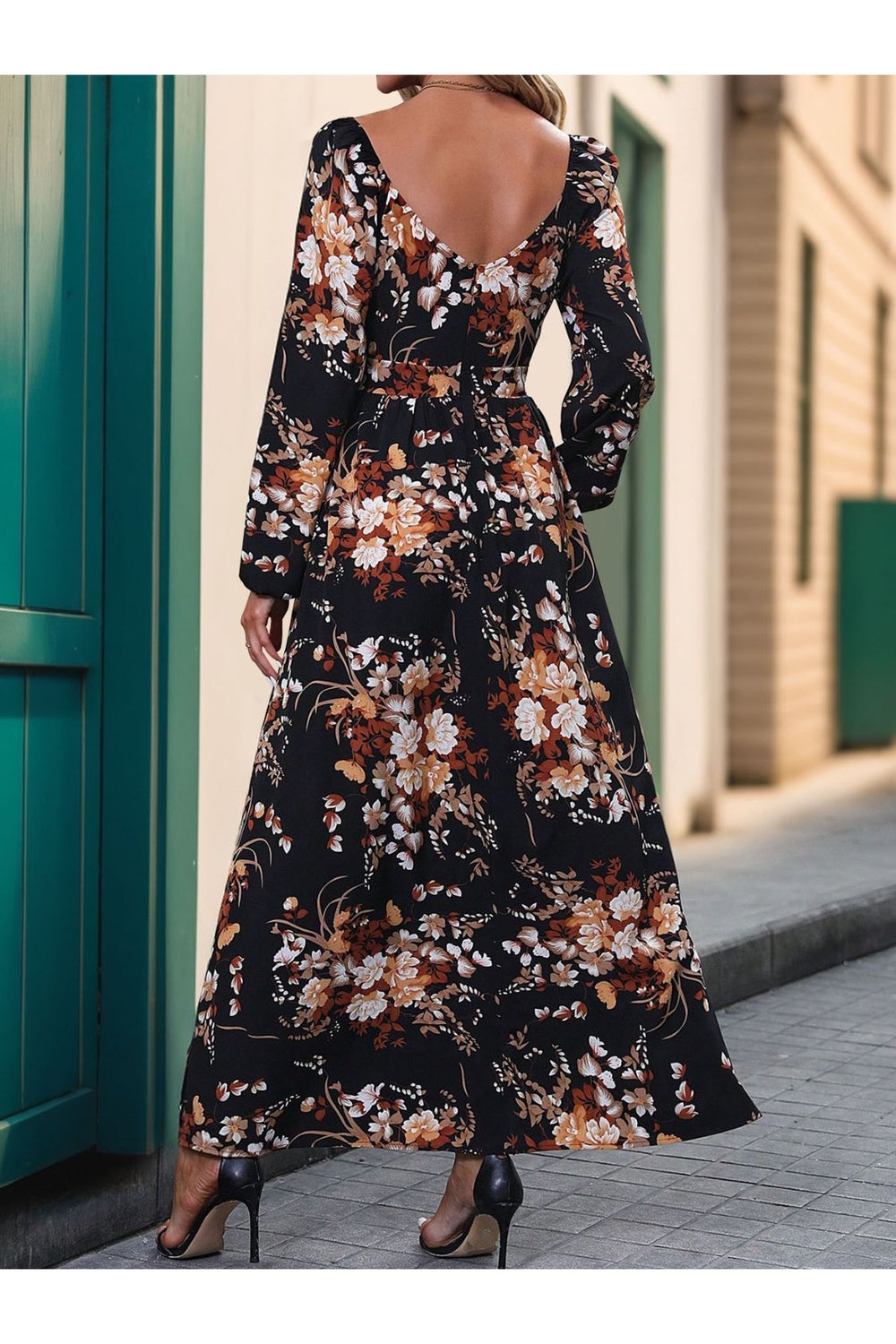 Perfee Slit Printed Surplice Long Sleeve Maxi Dress