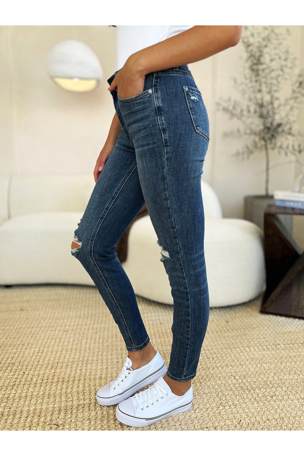 Judy Blue Full Size Mid Waist Distressed Slim Jeans