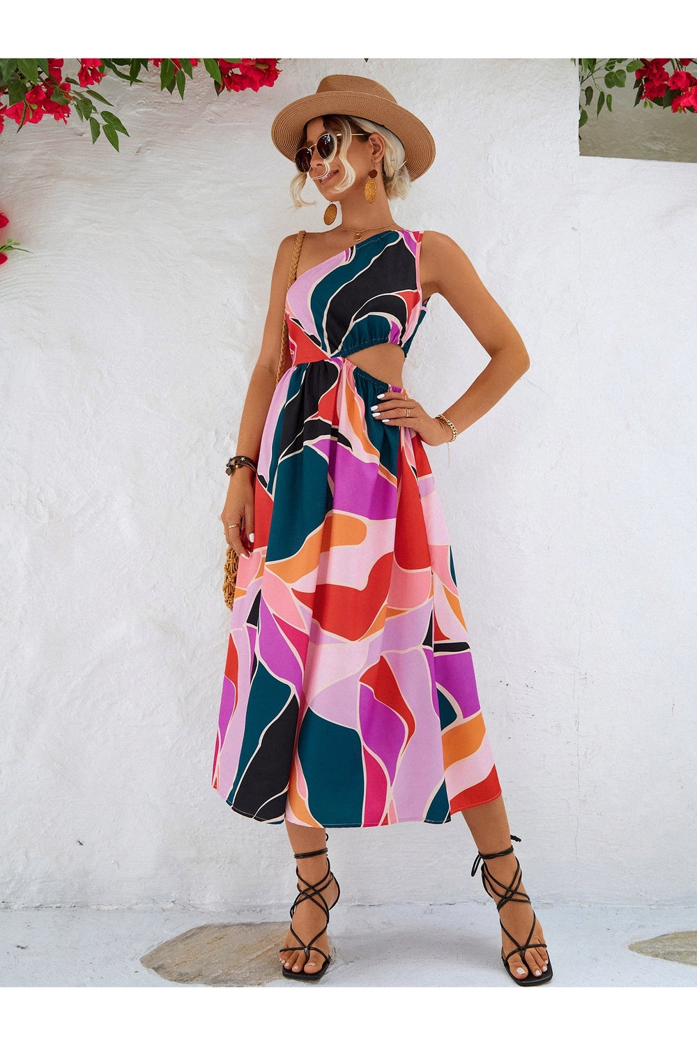 Printed Cutout One-Shoulder Sleeveless Dress