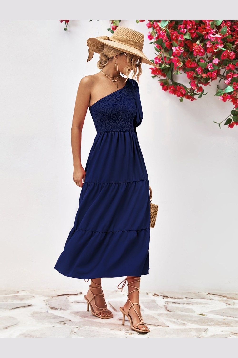 Smocked One-Shoulder Midi Dress