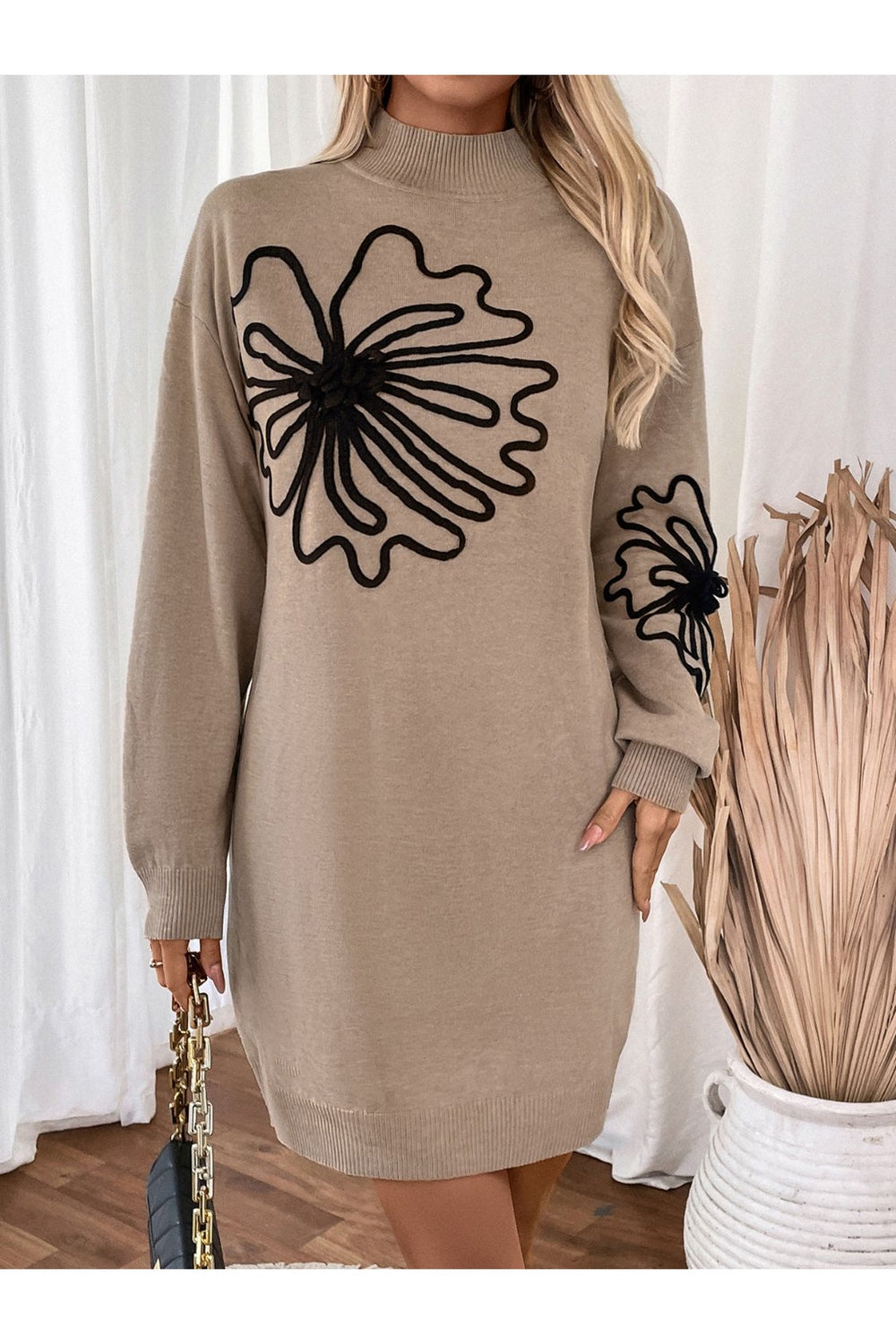 Perfee Flower Mock Neck Long Sleeve Sweater Dress