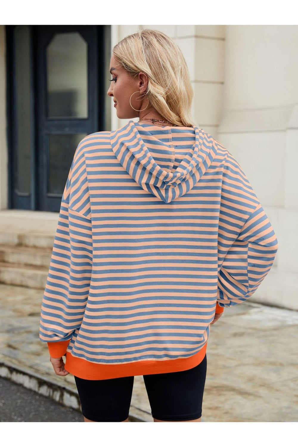 Drawstring Contrast Striped Long Sleeve Hoodie