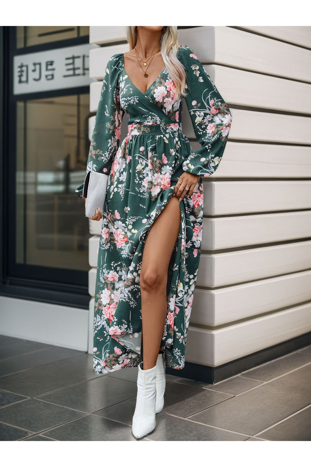 Perfee Slit Printed Surplice Long Sleeve Maxi Dress