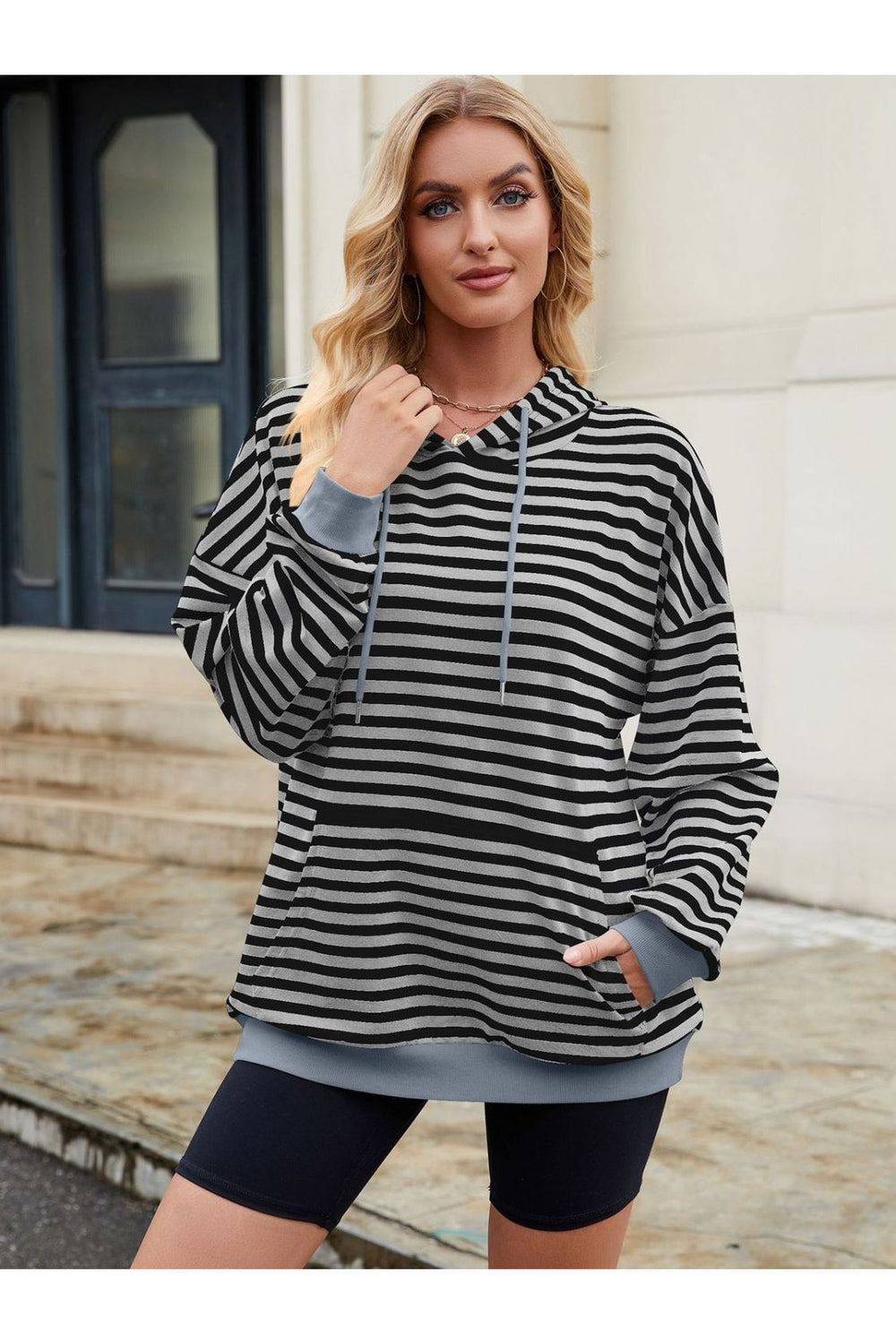 Drawstring Contrast Striped Long Sleeve Hoodie