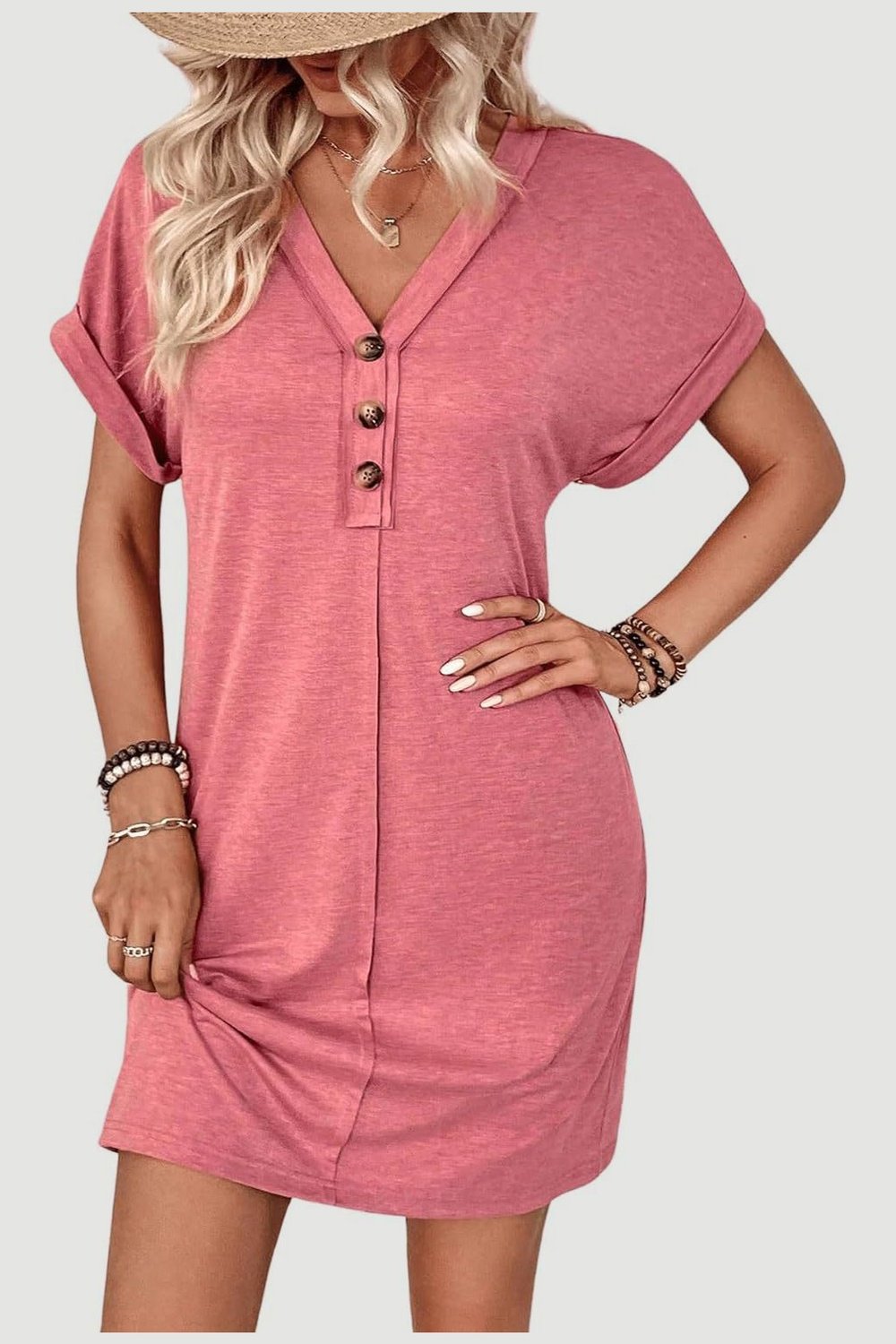 Quarter Button V-Neck Short Sleeve Dress