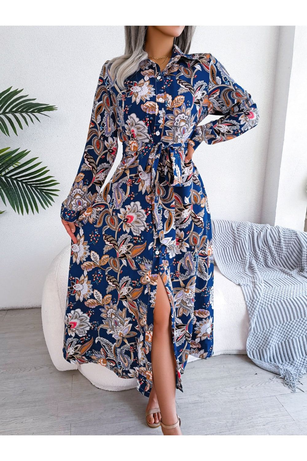 Tied Printed Long Sleeve Midi Dress