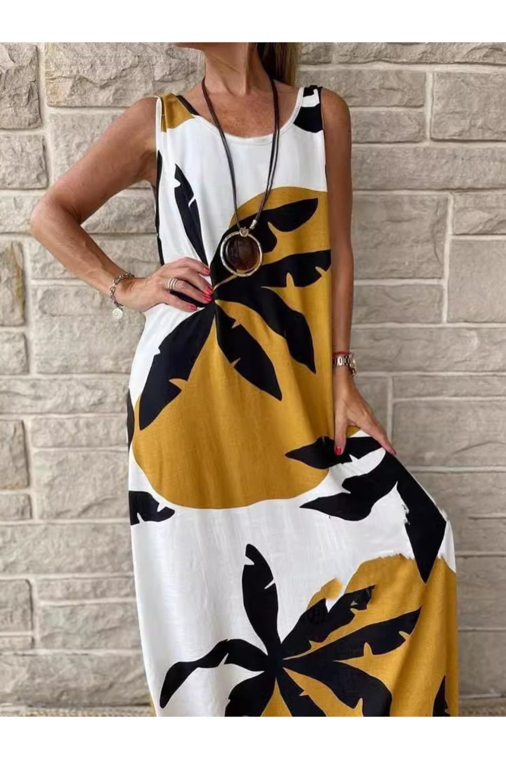 Printed Round Neck Midi Tank Dress