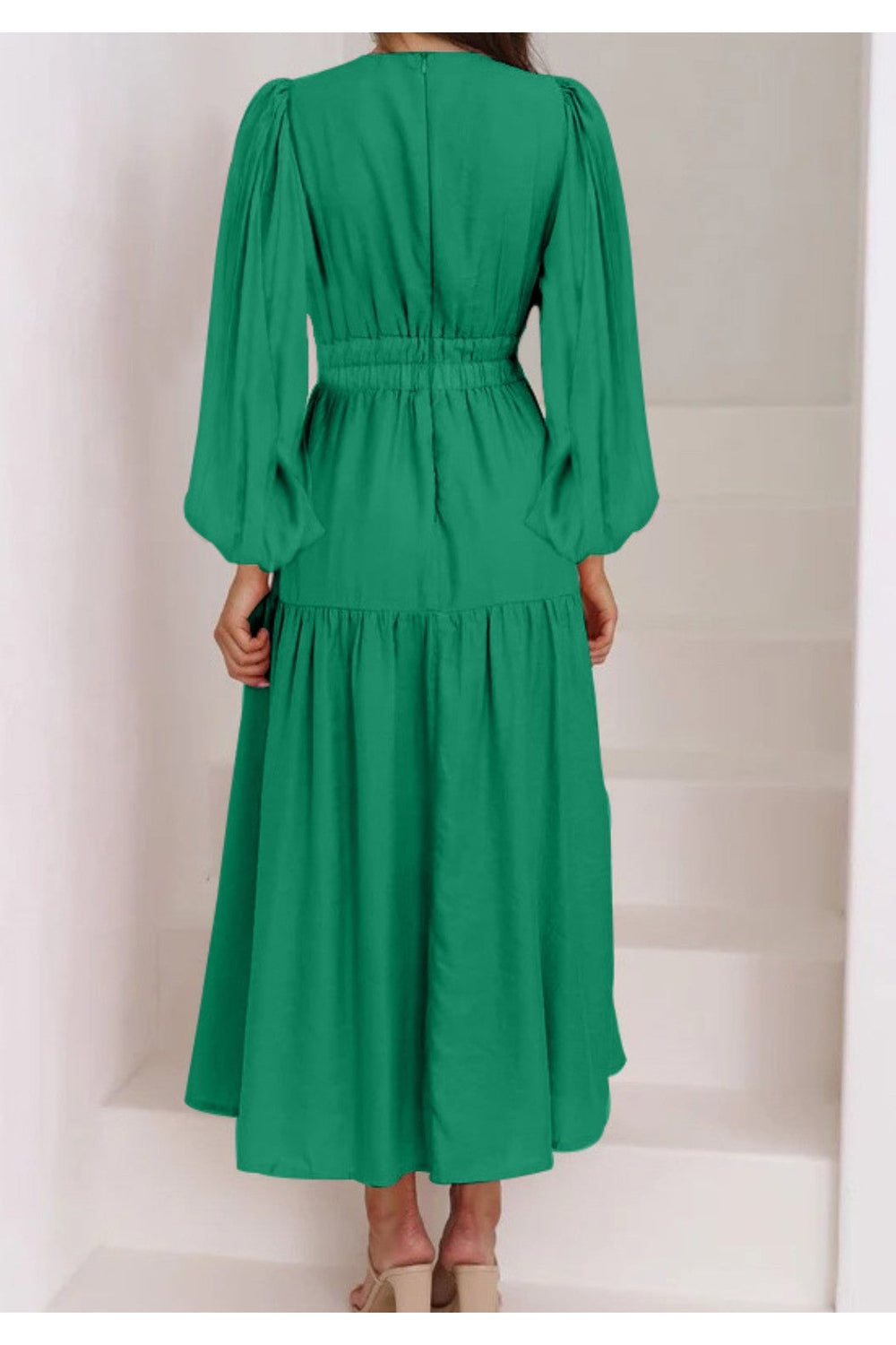 Deep V-Neck Balloon Sleeve Plain Maxi Dress