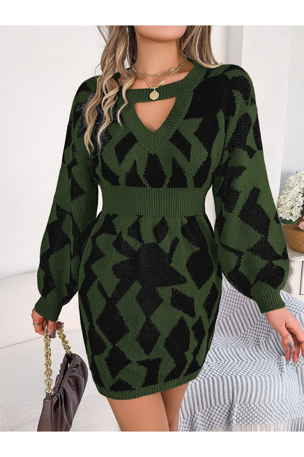 Contrast Round Neck Cutout Long Sleeve Mini Sweater Dress