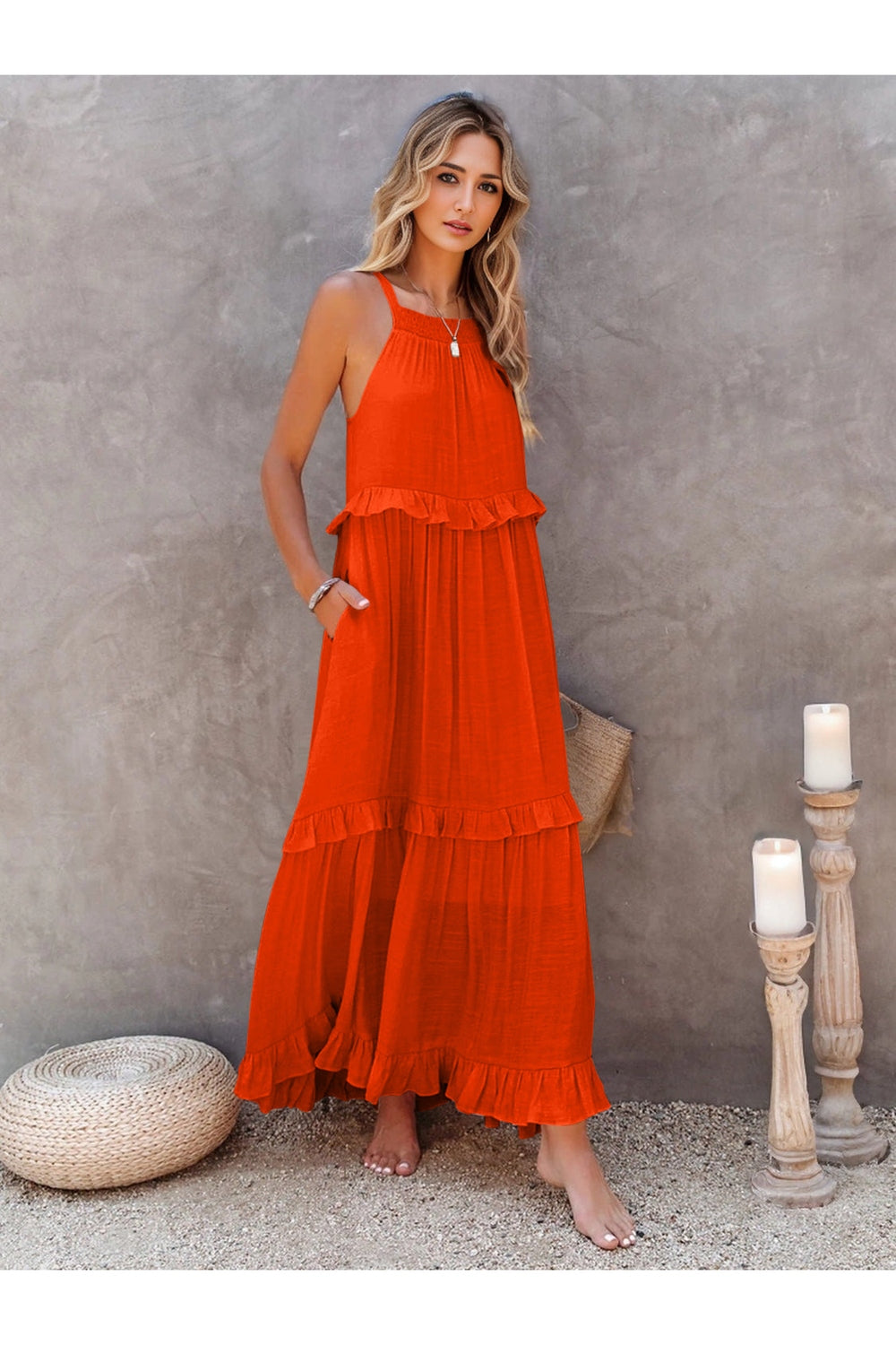 Ruffled Sleeveless Tiered Maxi Dress with Pockets