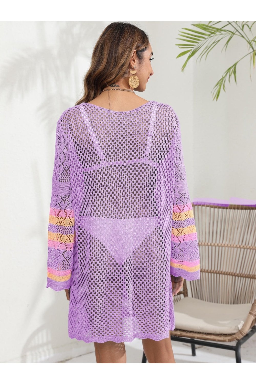 Openwork Contrast Long Sleeve Cover-Up