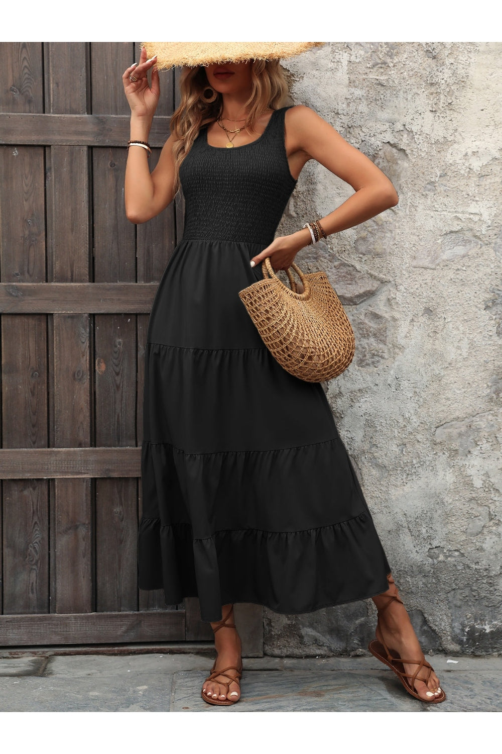 Smocked Scoop Neck Sleeveless Tank Dress