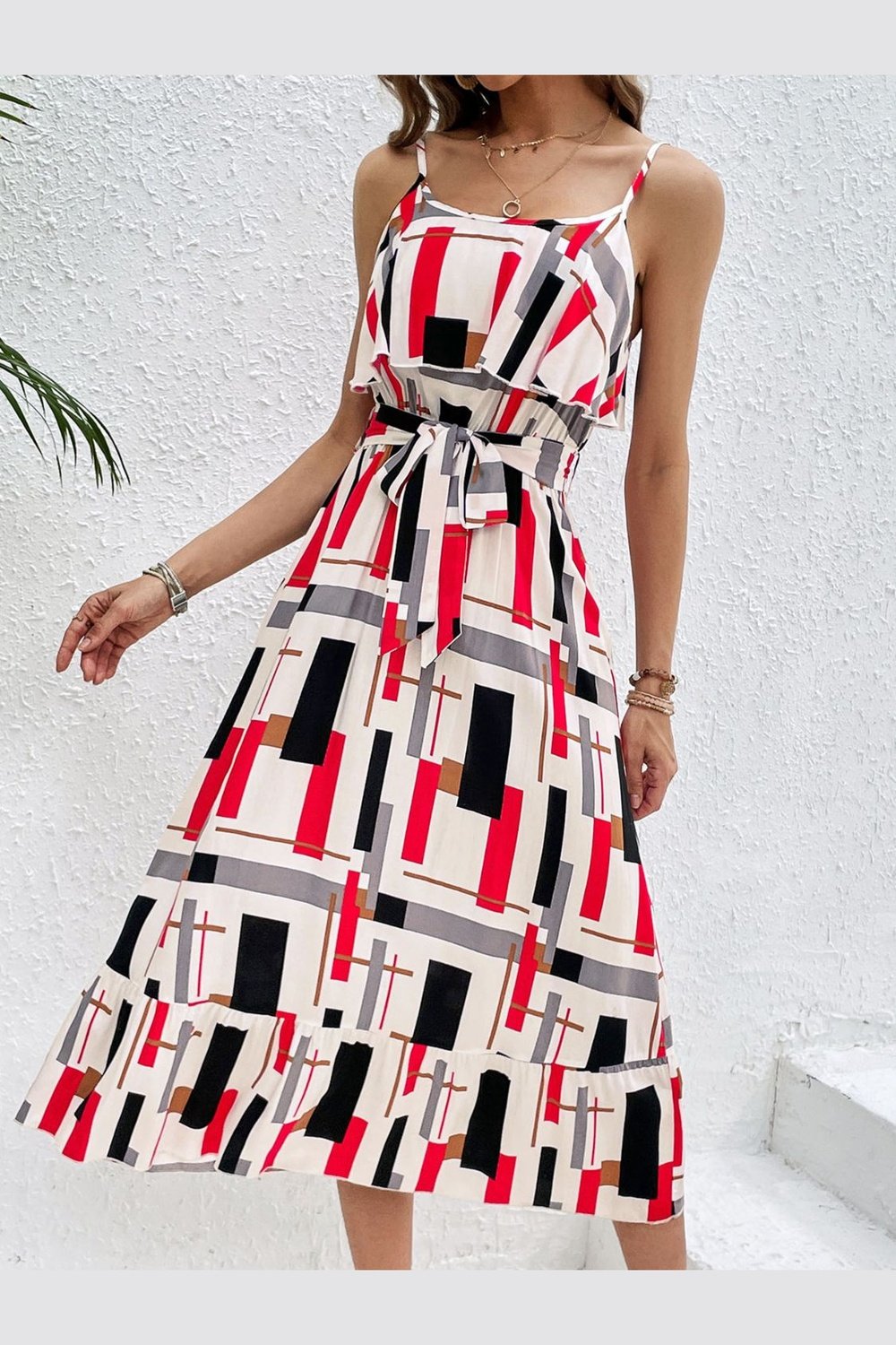 Ruffled Printed Tie Waist Midi Dress