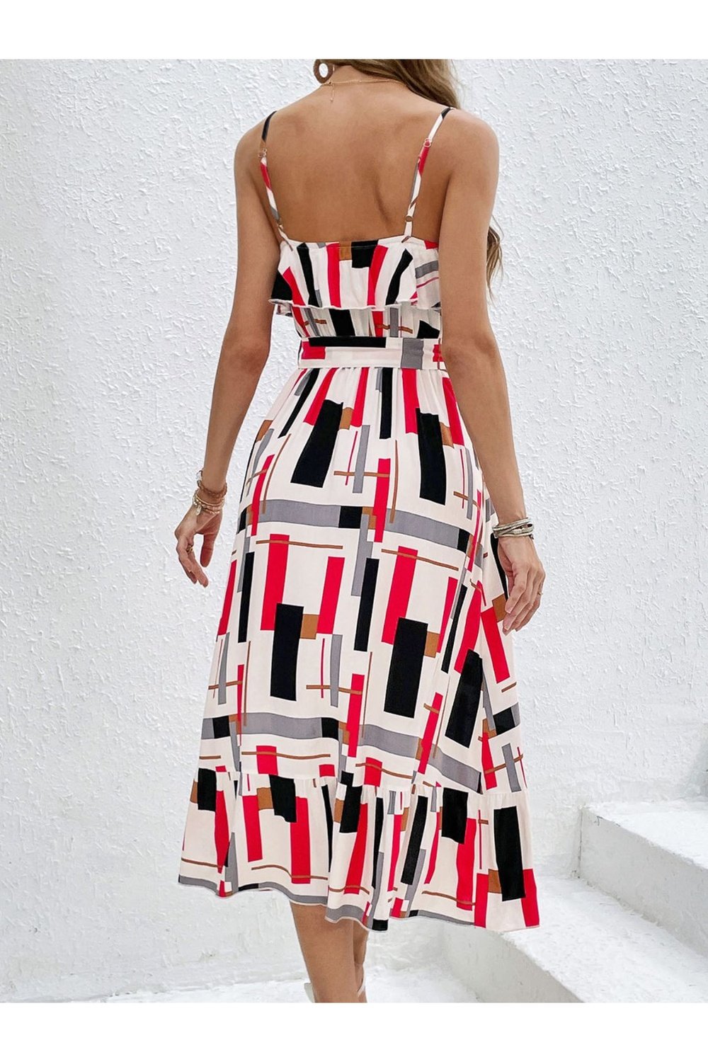 Ruffled Printed Tie Waist Midi Dress