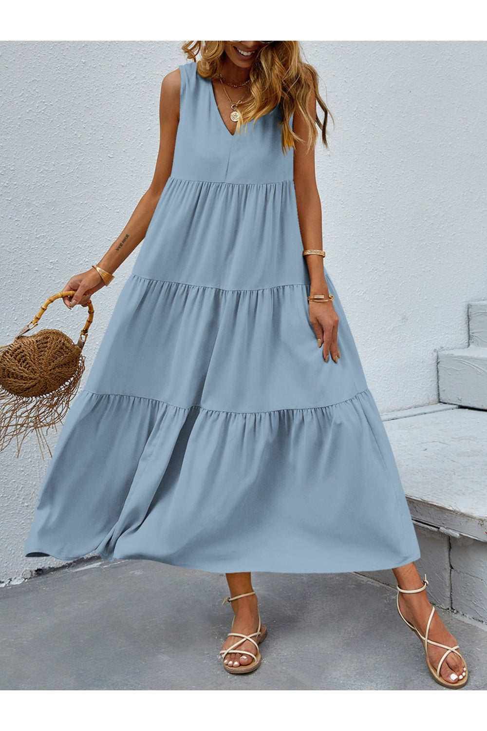 Tiered V-Neck Sleeveless Dress