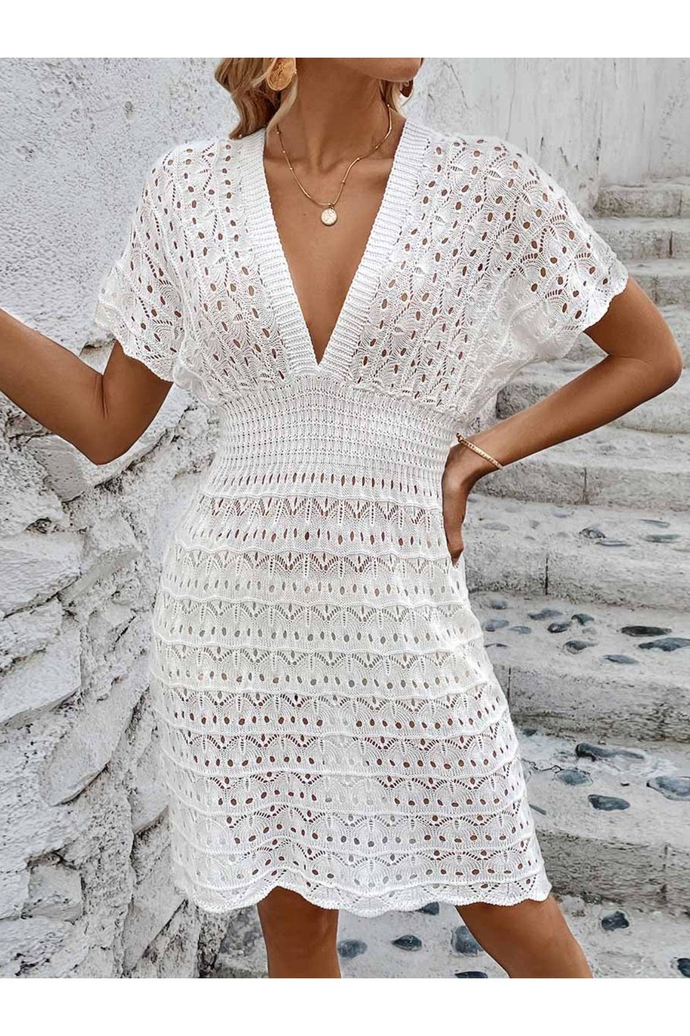 Openwork Plunge Short Sleeve Cover-Up Dress