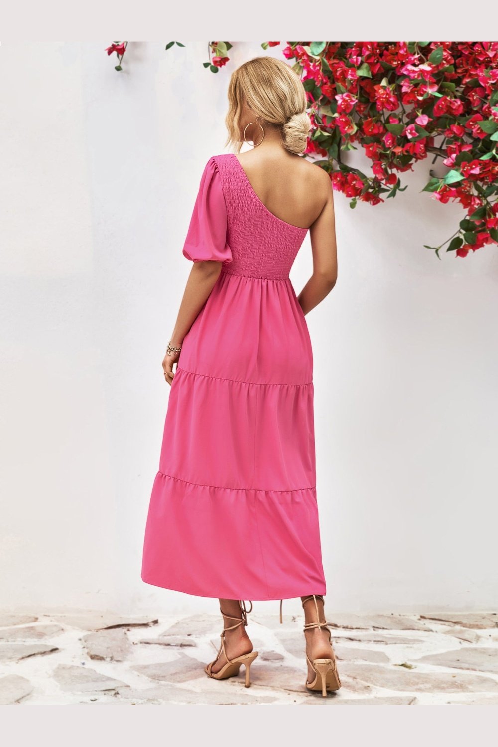 Smocked One-Shoulder Midi Dress