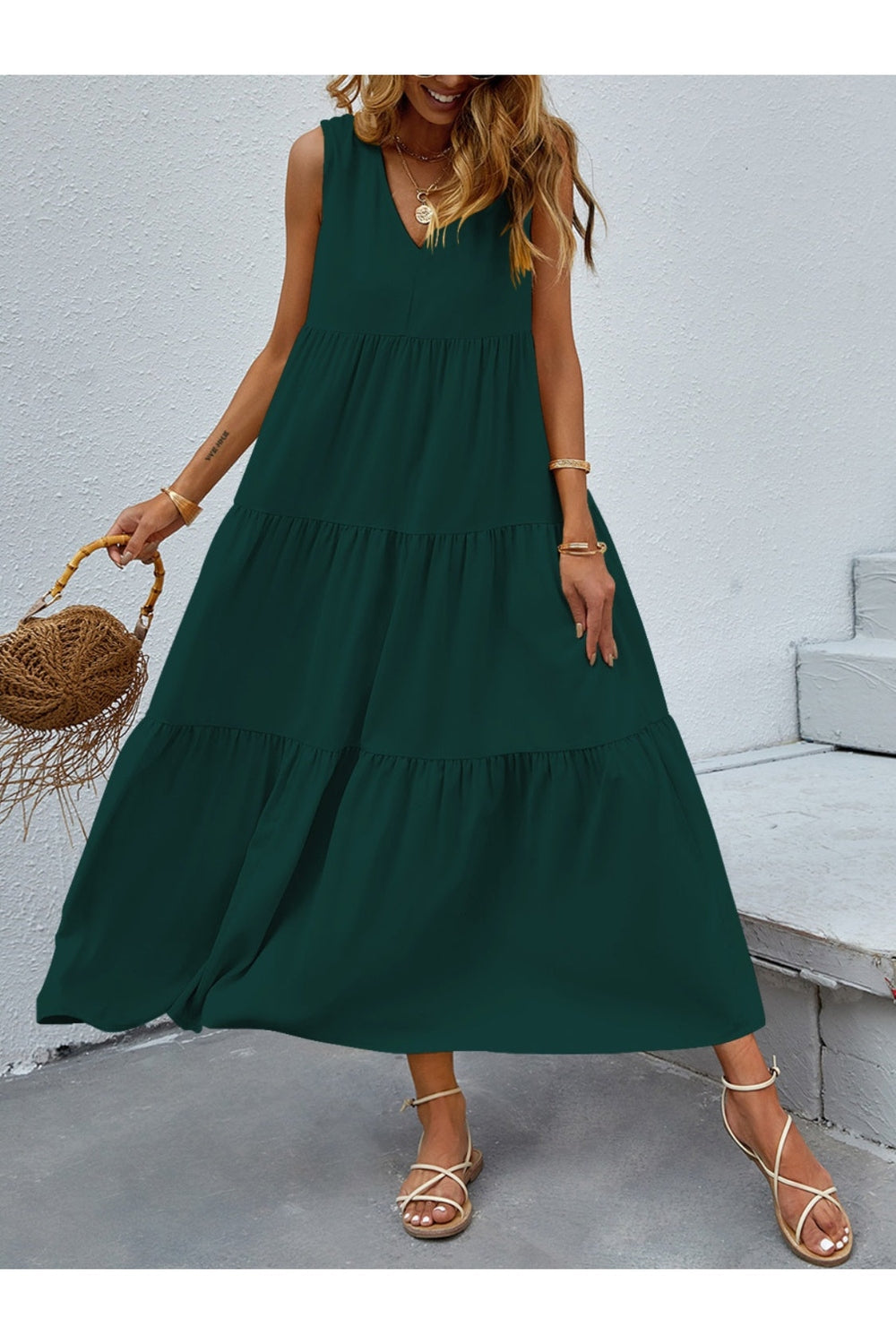 Tiered V-Neck Sleeveless Dress