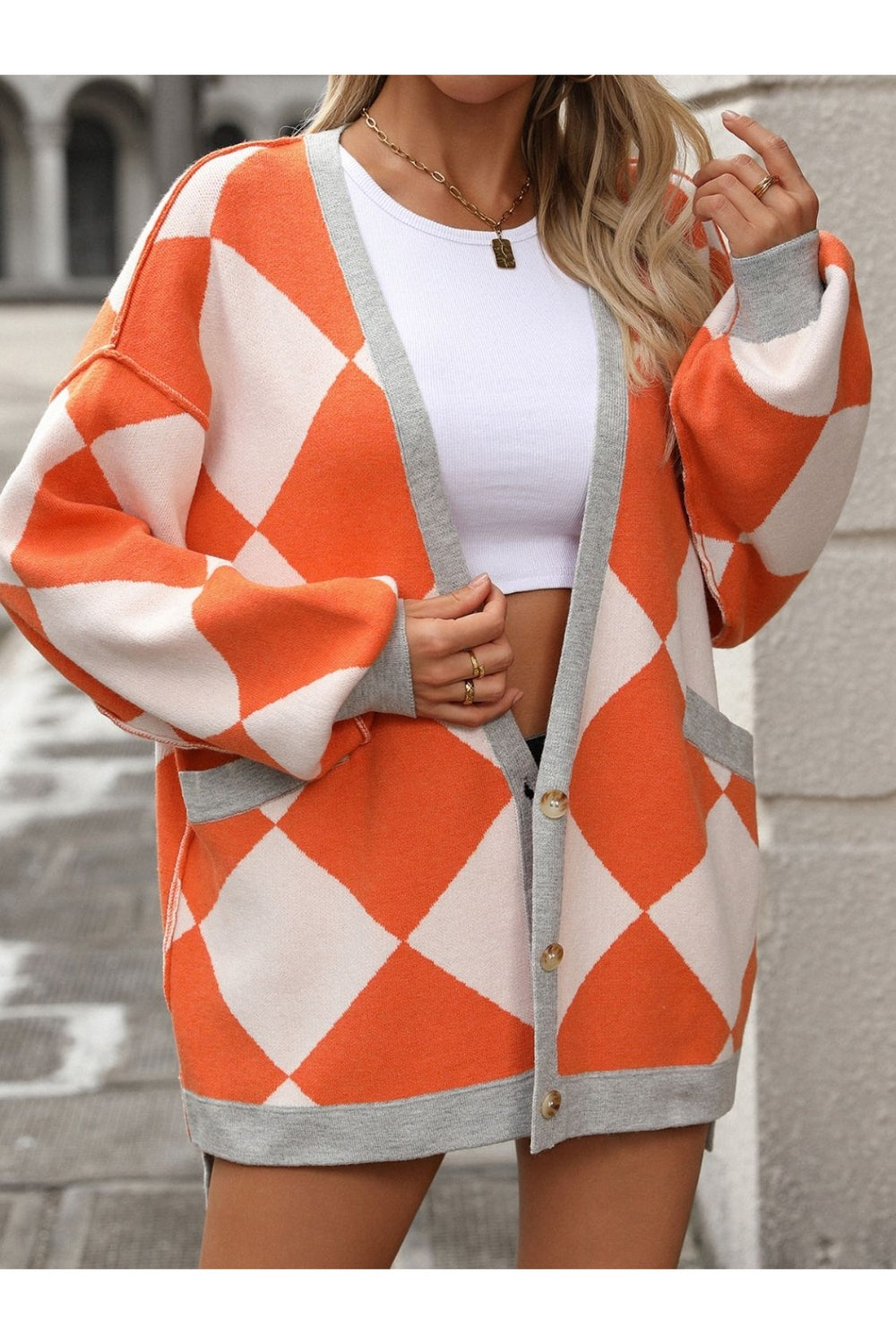 Checkered Dropped Shoulder Long Sleeve Cardigan