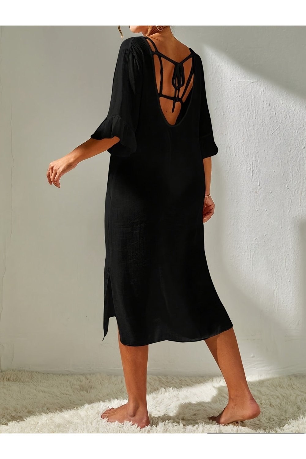 Slit V-Neck Flounce Sleeve Cover-Up