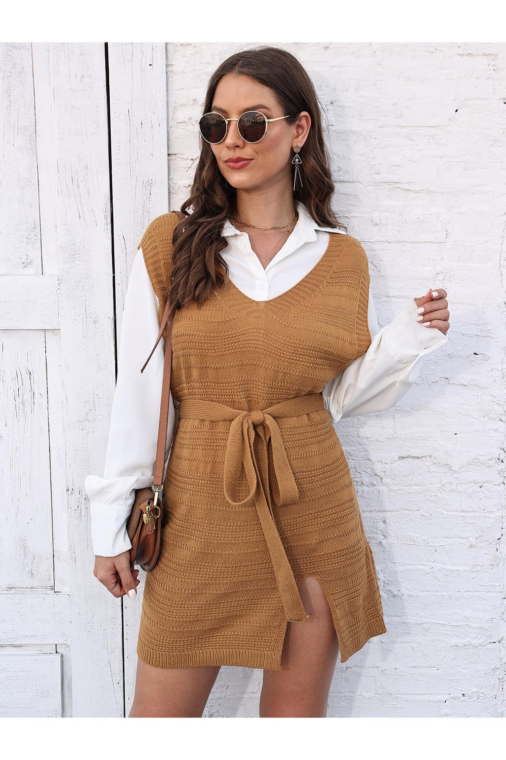 Tie Front V-Neck Sleeveless Slit Sweater Dress