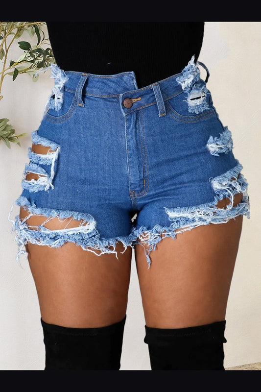 Distressed Raw Hem Denim Shorts with Pockets