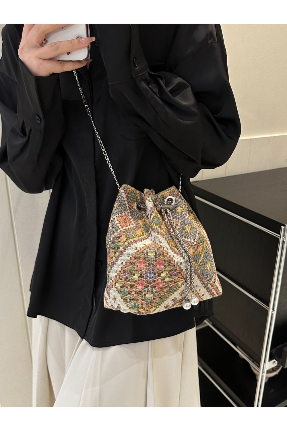 Printed Chain Bucket Bag