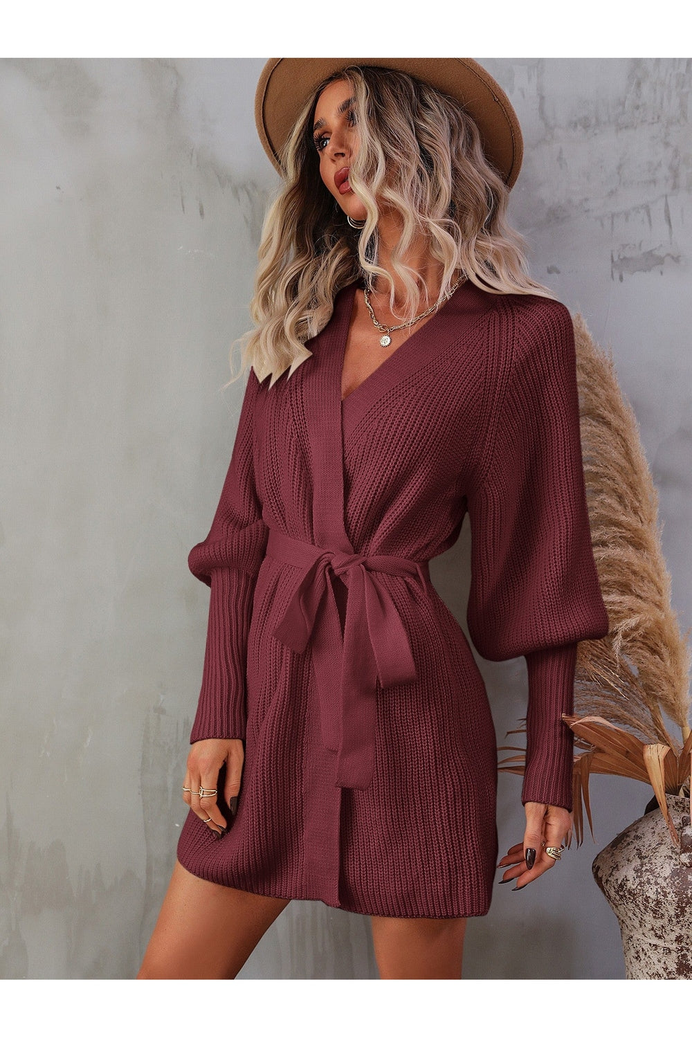 Belted Surplice Lantern Sleeve Wrap Sweater Dress