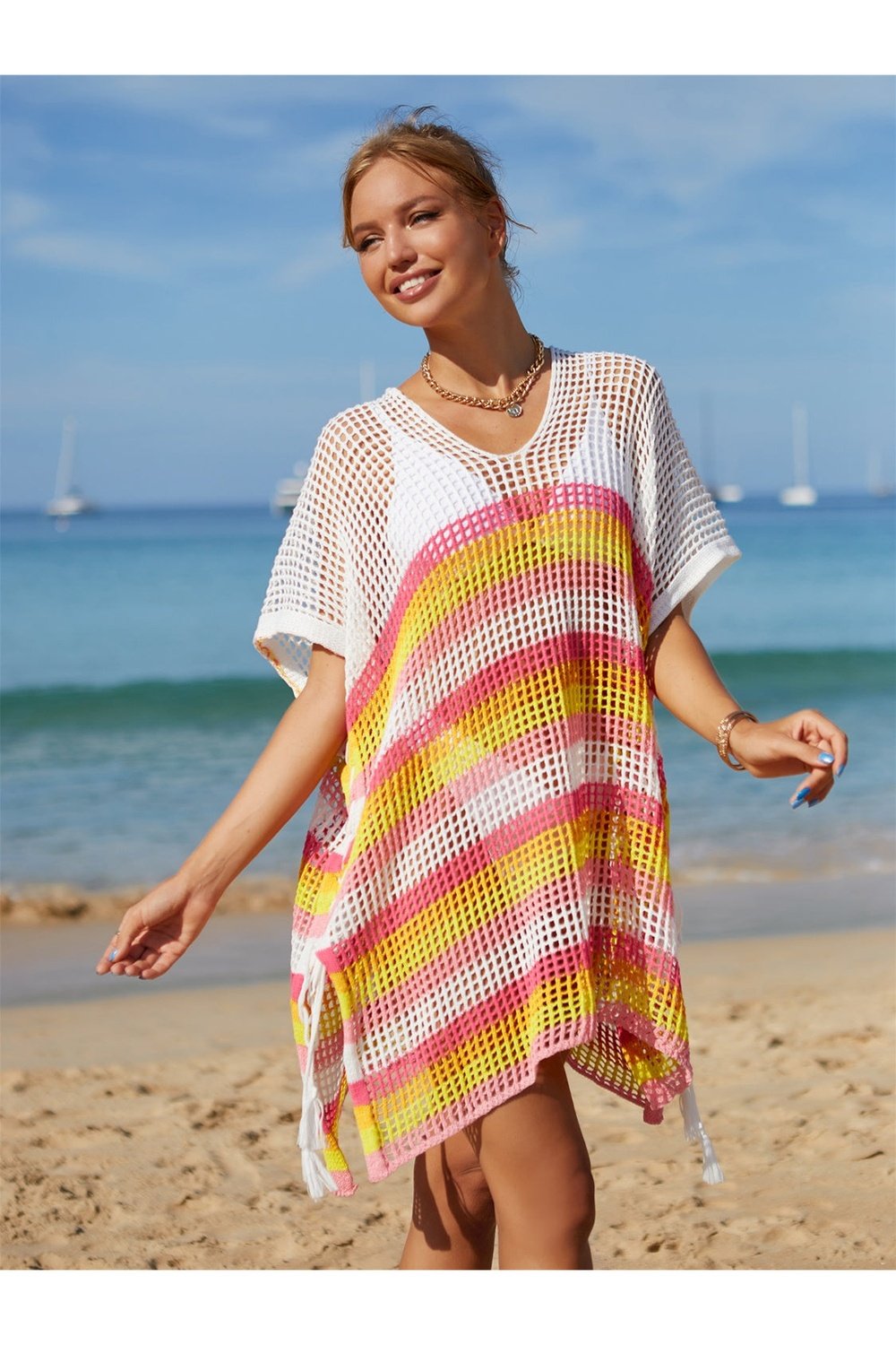 Cutout Striped Cover-Up with Tassel