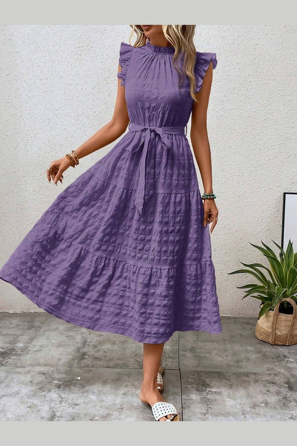 Tied Ruffled Cap Sleeve Midi Dress