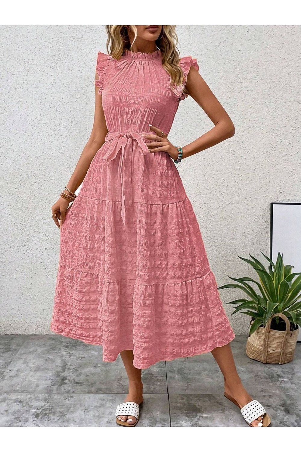 Tied Ruffled Cap Sleeve Midi Dress