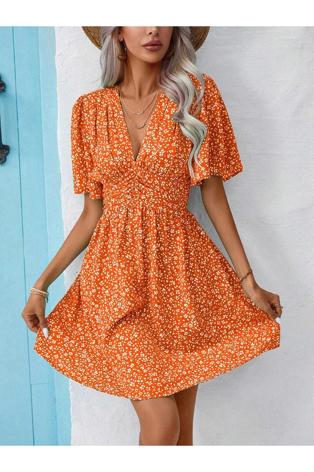 Printed V-Neck Half Sleeve Mini Dress