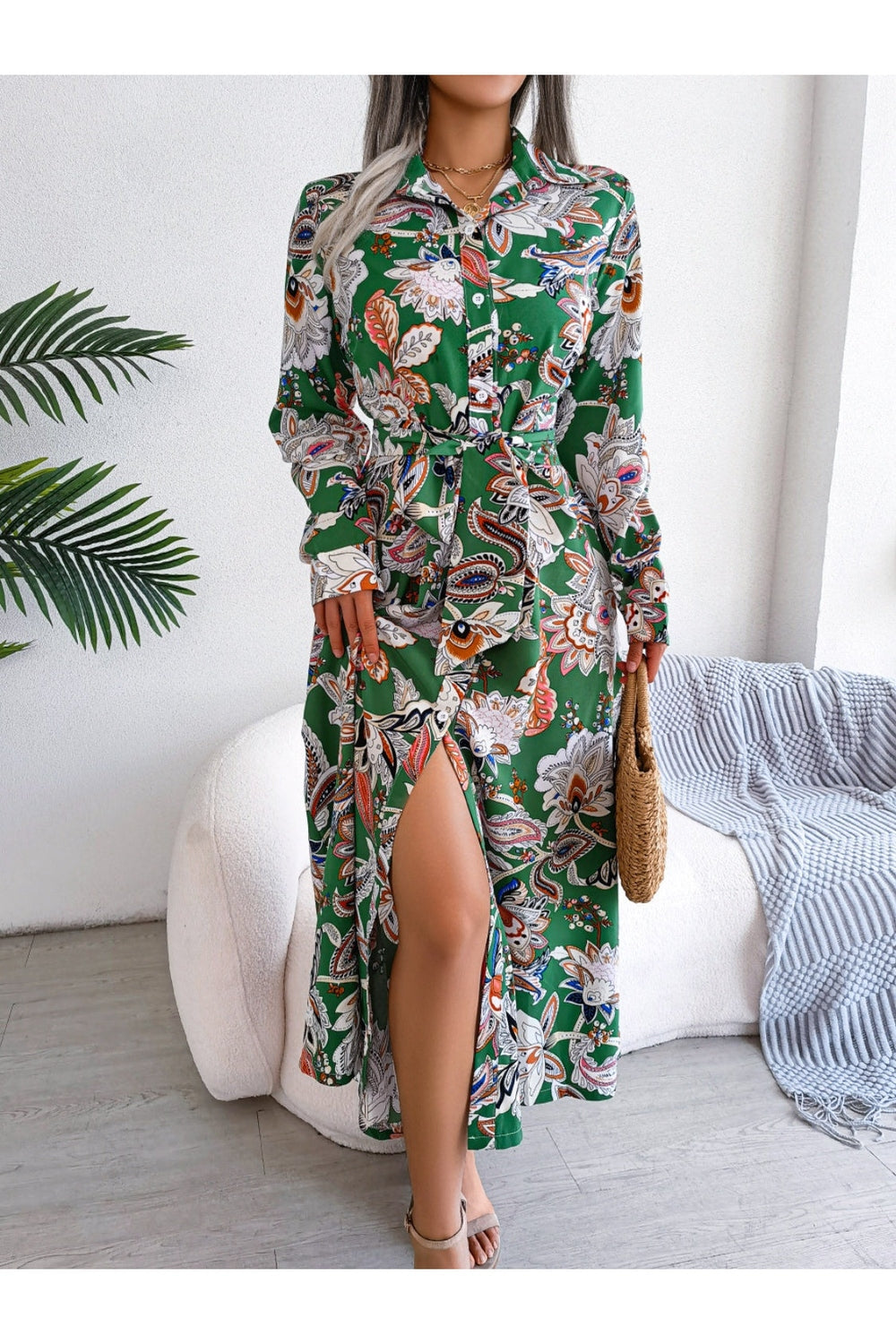 Tied Printed Long Sleeve Midi Dress