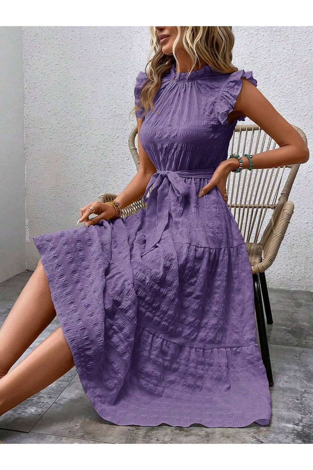 Tied Ruffled Cap Sleeve Midi Dress