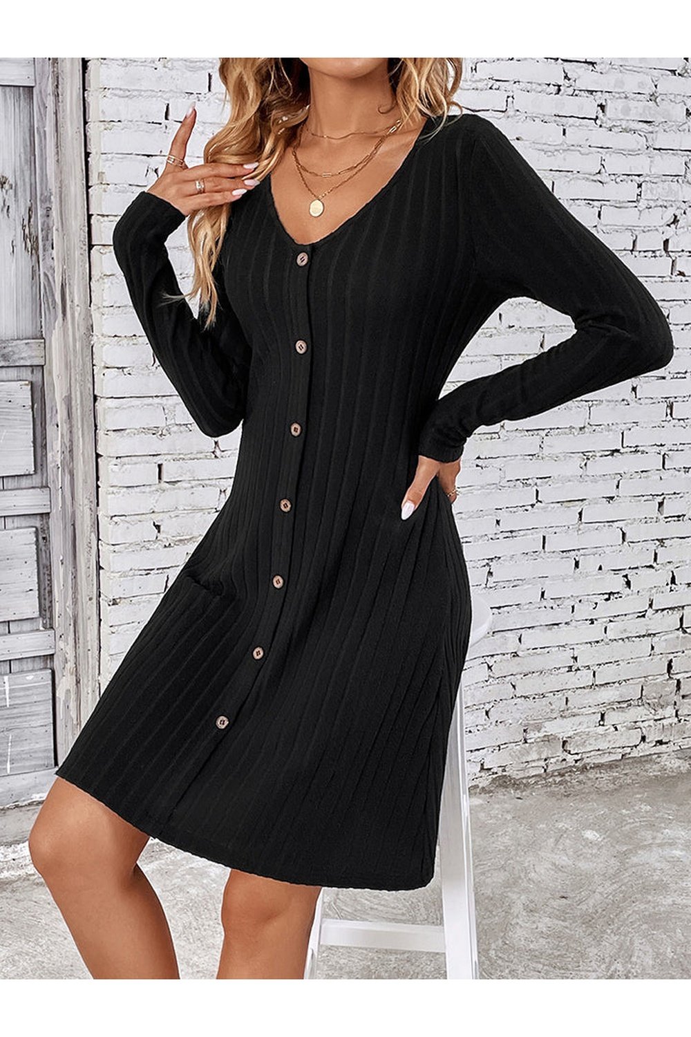 V-Neck Long Sleeve Mini Dress