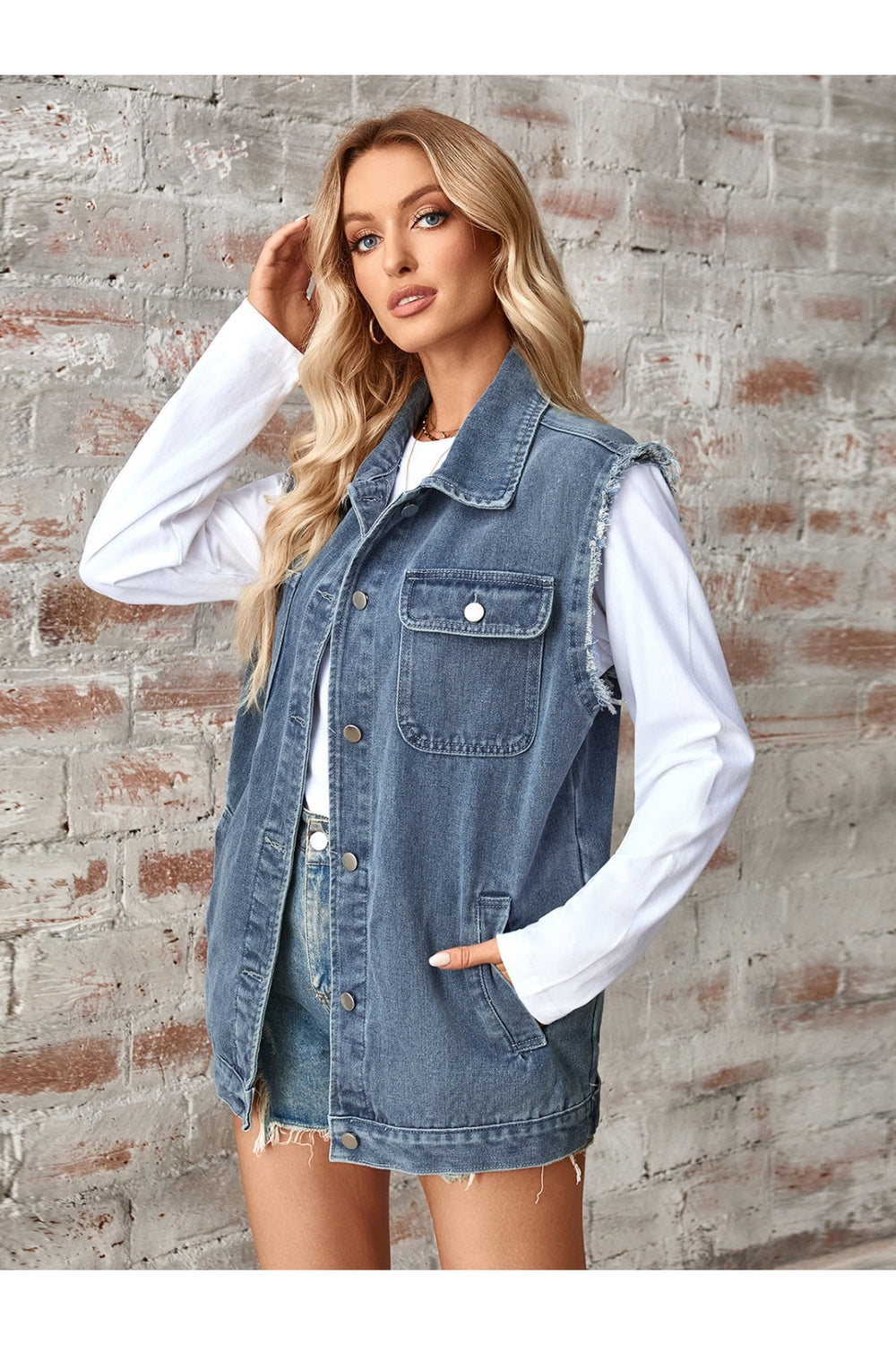 Raw Hem Sleeveless Button Up Denim Jacket