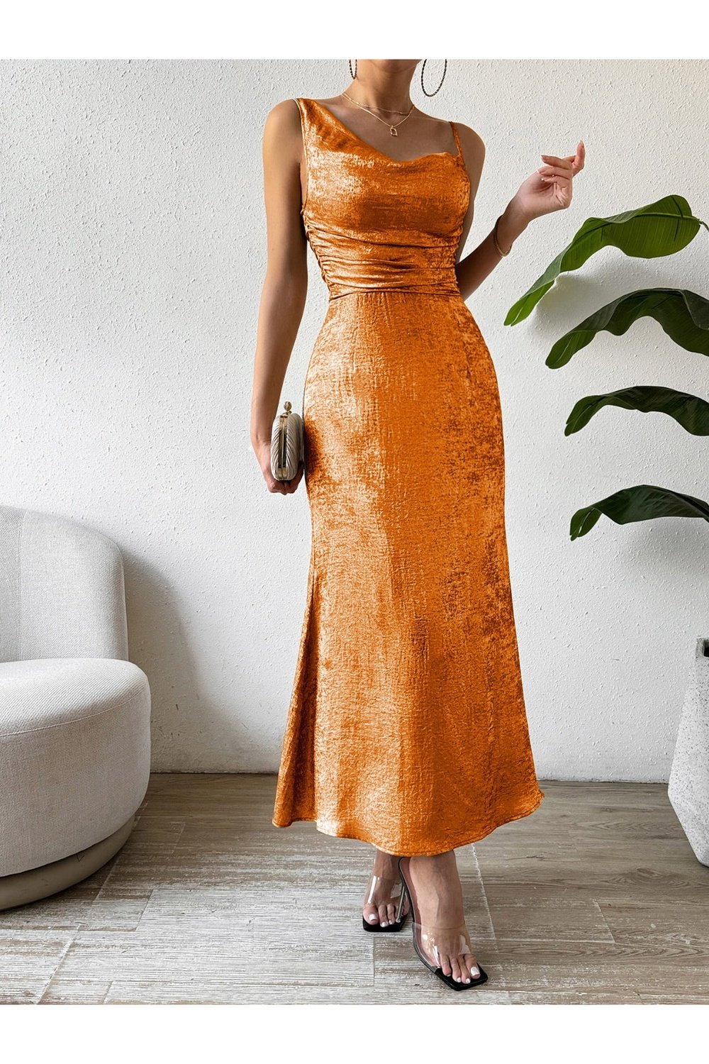 Asymmetric Neck Sleeveless Midi Dress