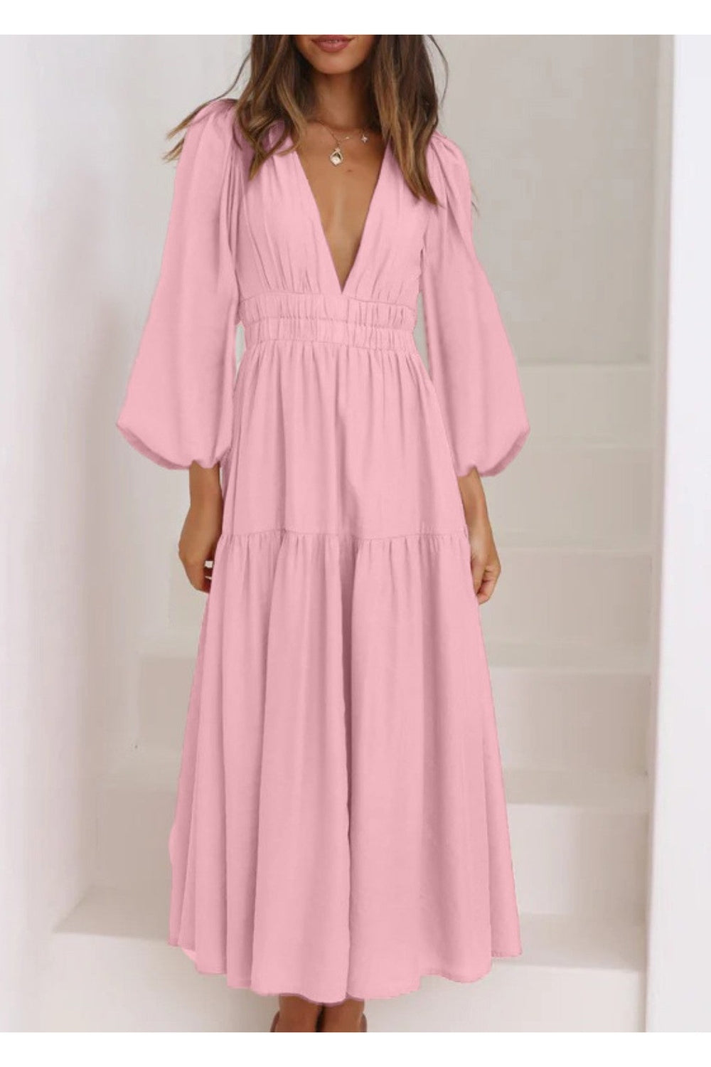 Deep V-Neck Balloon Sleeve Plain Maxi Dress