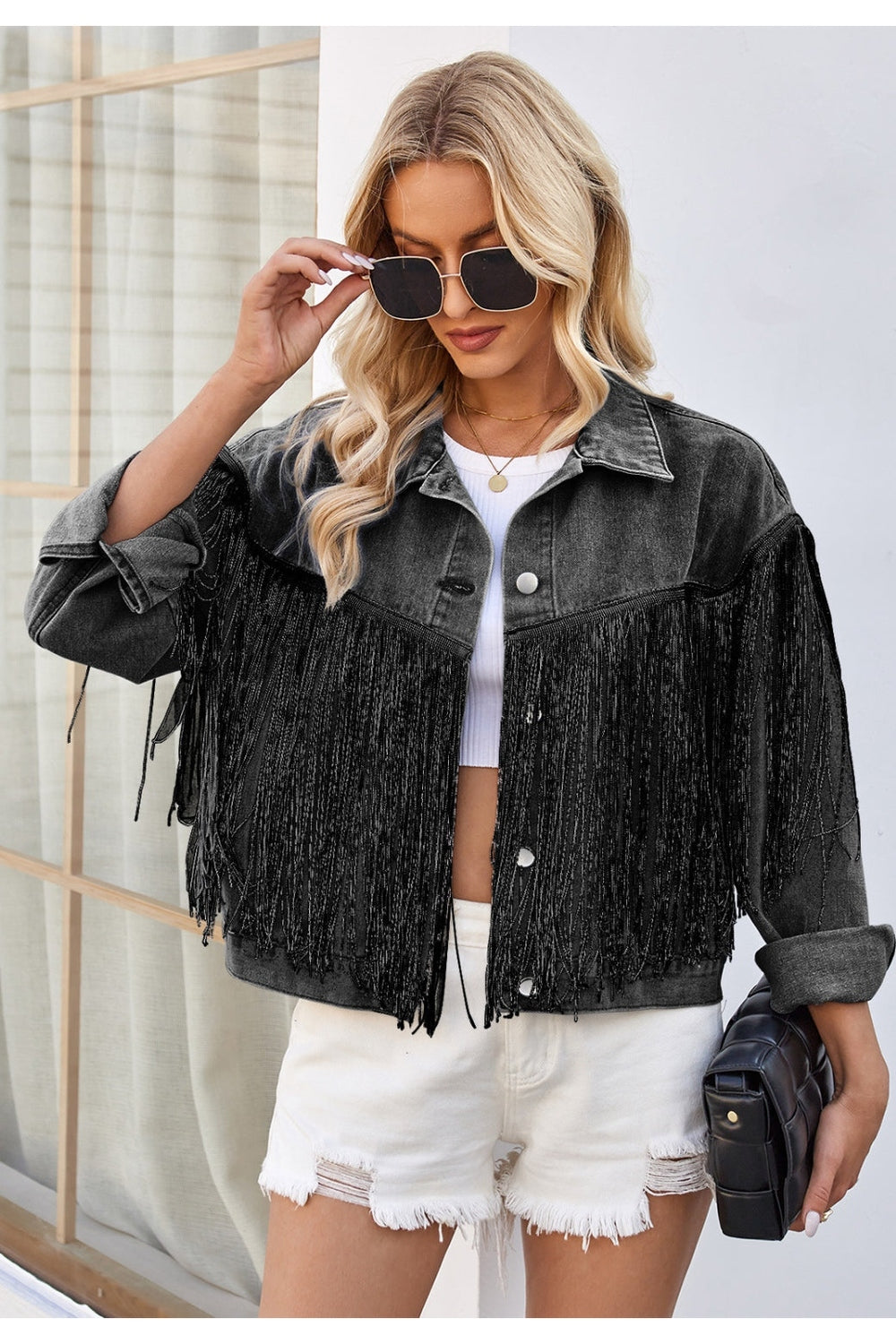 Tassel Button Up Dropped Shoulder Denim Jacket